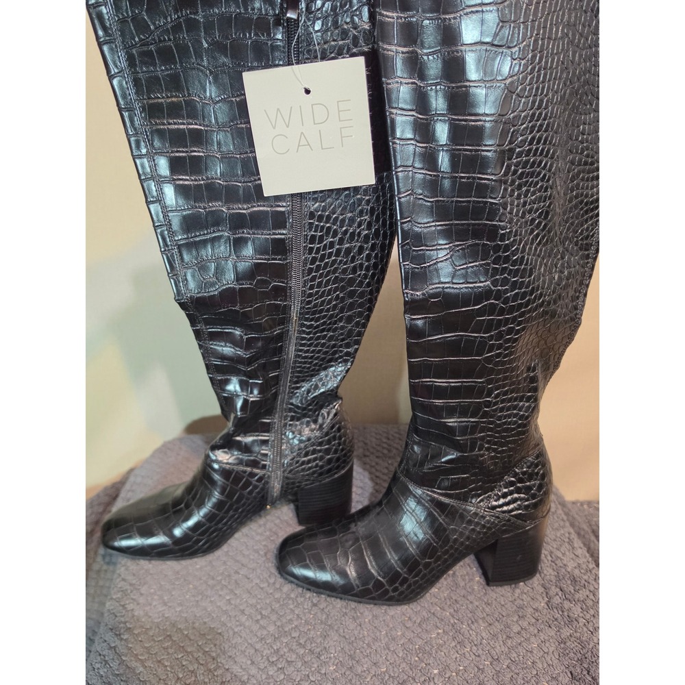 Franco Sarto Tribute Wide Calf Black Croc Knee High Boots 8M L-TRIBUTEWC